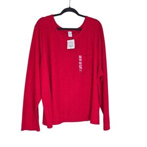 Sleep Chic Womens 3X Cyber Red Long Sleeve Ribbed Top With Pocket